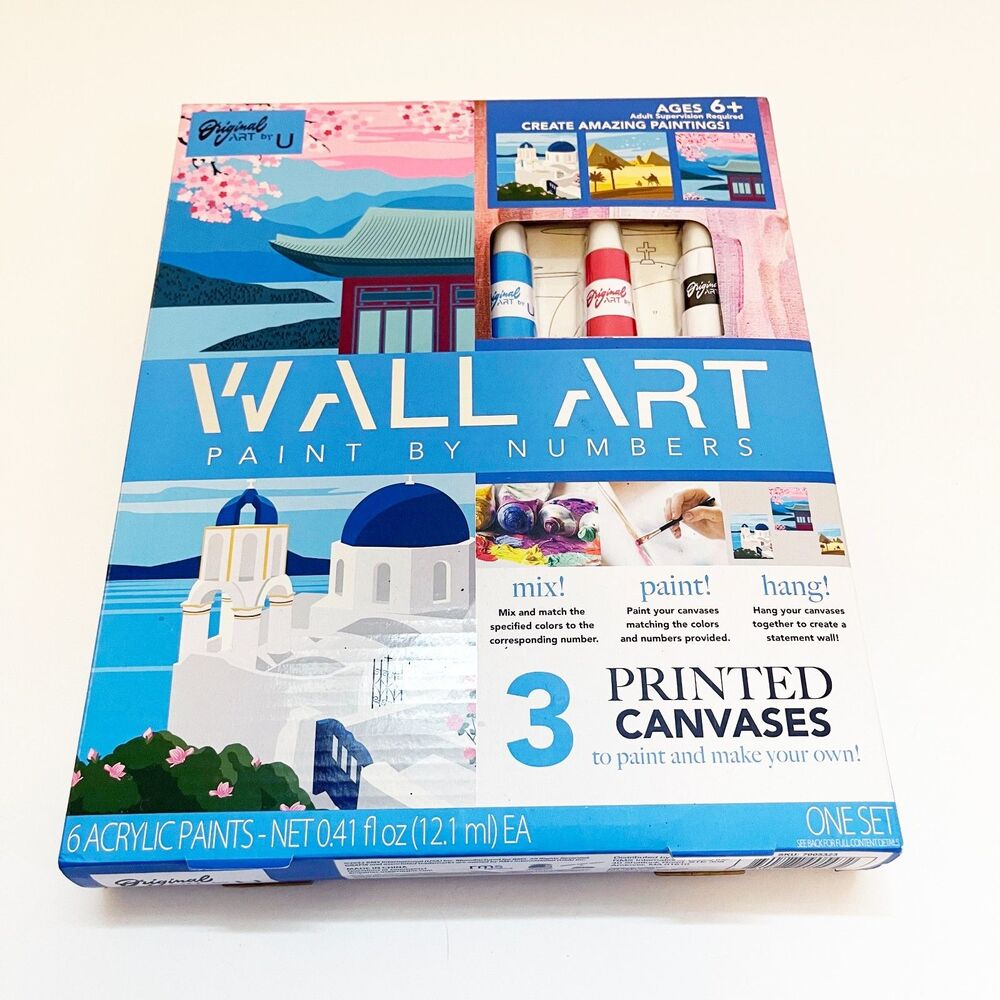 Wall Art Paint By Numbers Kit 3 Printed Canvases Acrylic Paint Set Ages 6+ New